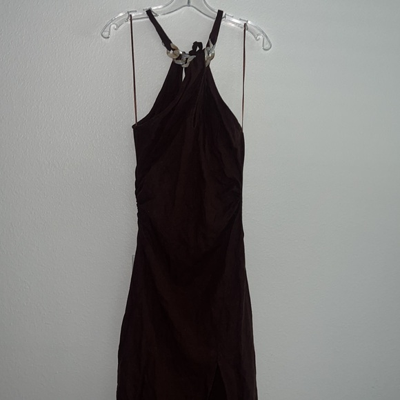 ZARA BROWN LINEN BLEND HALTER NECK MIDI GATHERED DRESS WITH CHAIN SIZE XS - Picture 4 of 7